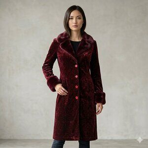 Vintage Velvet Coat Womens Small 90s Y2K Whimsigoth Penny Lane Faux Fur Trim Red